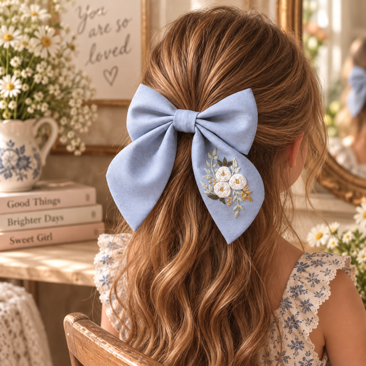 Hand-embroidered light blue linen bow clip worn in girl's hair