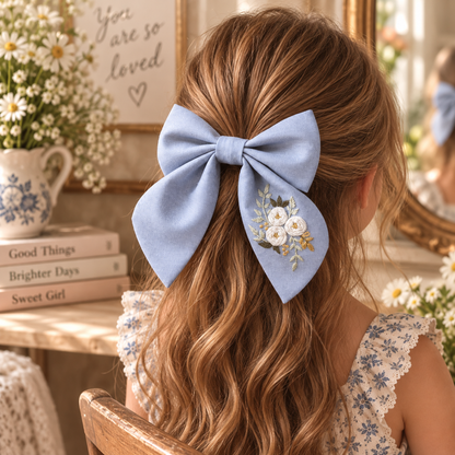 Hand-embroidered light blue linen bow clip worn in girl's hair