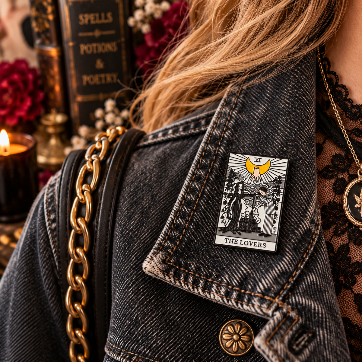 Gothic Lovers tarot enamel pin lifestyle image