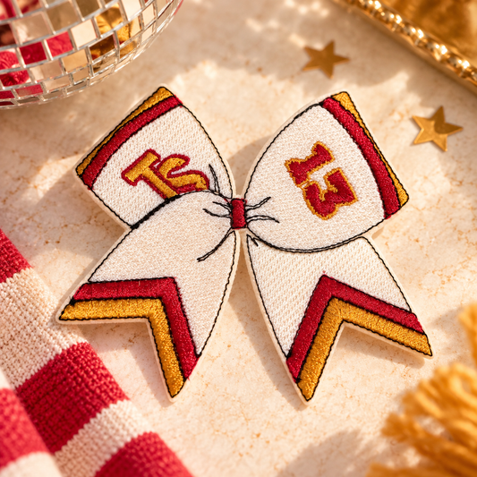Taylor Swift-inspired Lucky 13 Chiefs bow embroidered iron-on patch, cream with red and gold details, styled with stars and disco ball