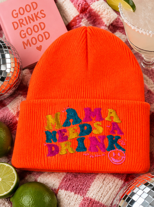 Mama Needs a Drink embroidered neon orange beanie styled product photo