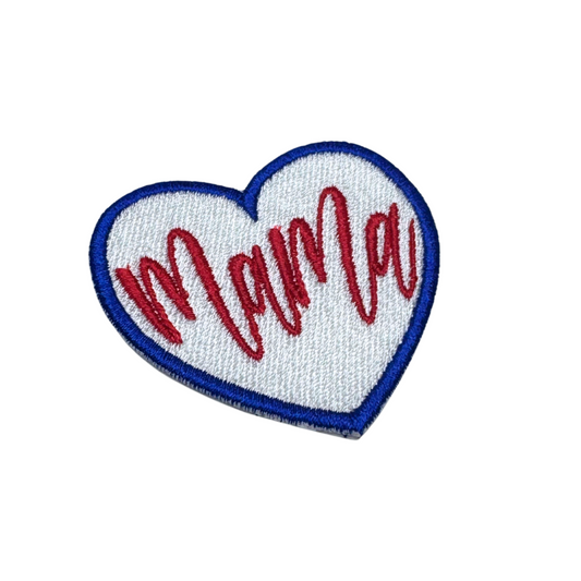 Angled view showing texture and stitching on mama heart patch