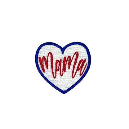 Close-up of embroidered mama heart patch on white background
