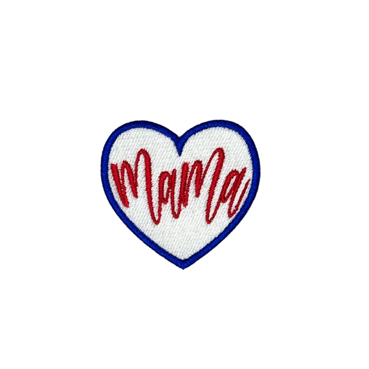 Close-up of embroidered mama heart patch on white background