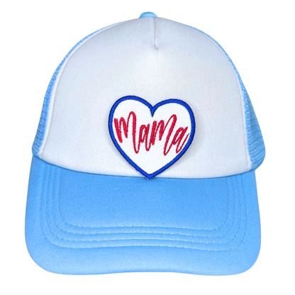 Mama heart patch pressed onto white and blue trucker hat