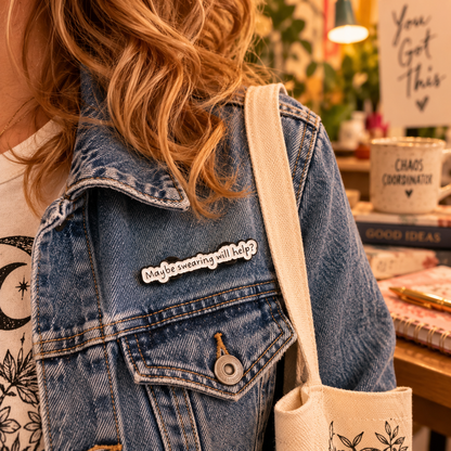 Maybe Swearing Will Help enamel pin on denim jacket lifestyle image