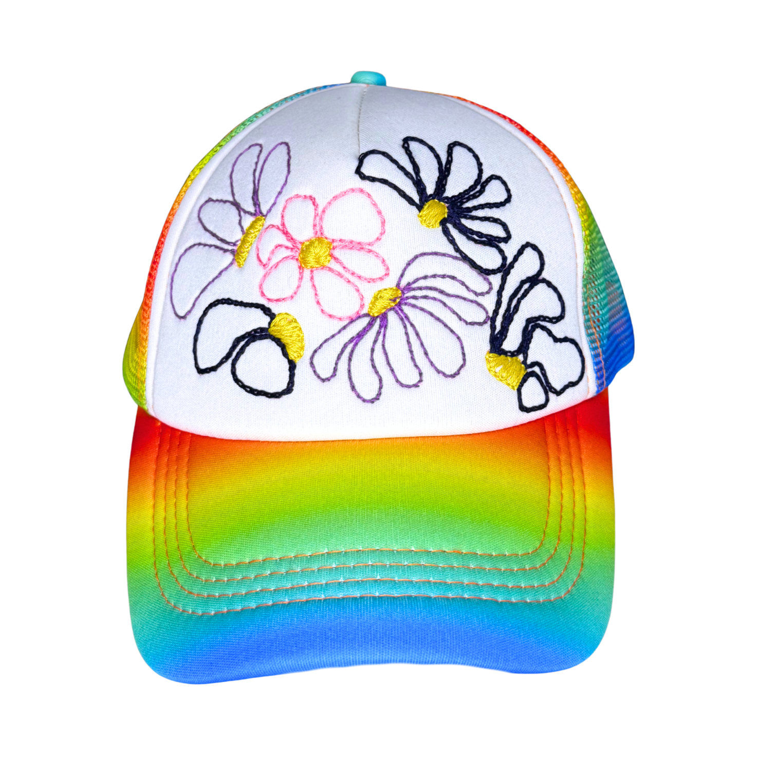 Colorful cap with floral designs on a white background