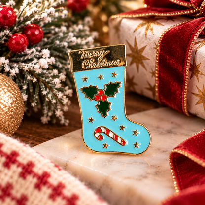 Merry Christmas blue stocking enamel pin festive hero image