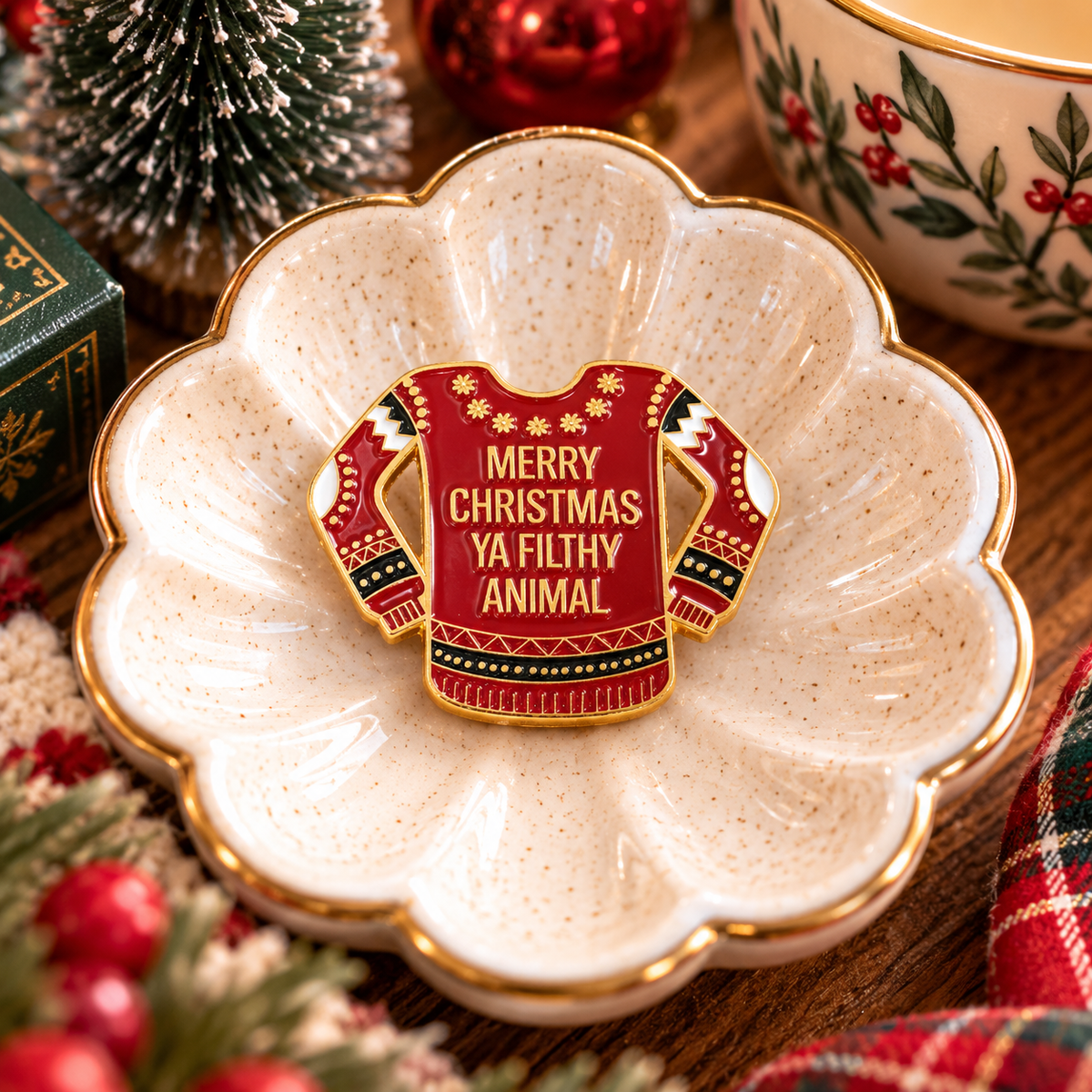 Merry Christmas Ya Filthy Animal sweater enamel pin festive hero image