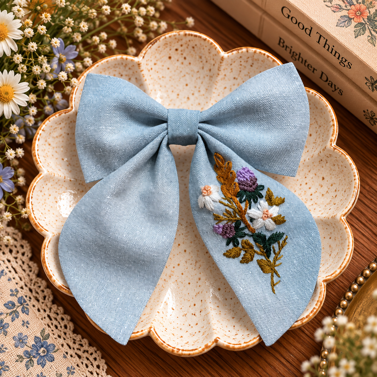 Hand-embroidered mid blue linen bow clip with floral stitching