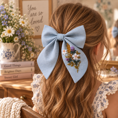 Hand-embroidered mid blue linen bow clip worn in girl's hair