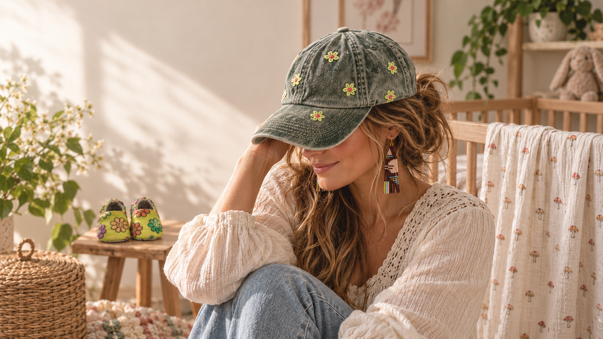 Woman wearing Milkweed Baby daisy hat and hand-beaded earrings in a warm boho nursery with baby shoes and mushroom swaddle