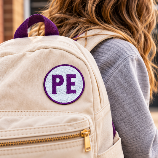 Purple and white Prairie Elementary PE embroidered patch on a cream backpack worn by a student