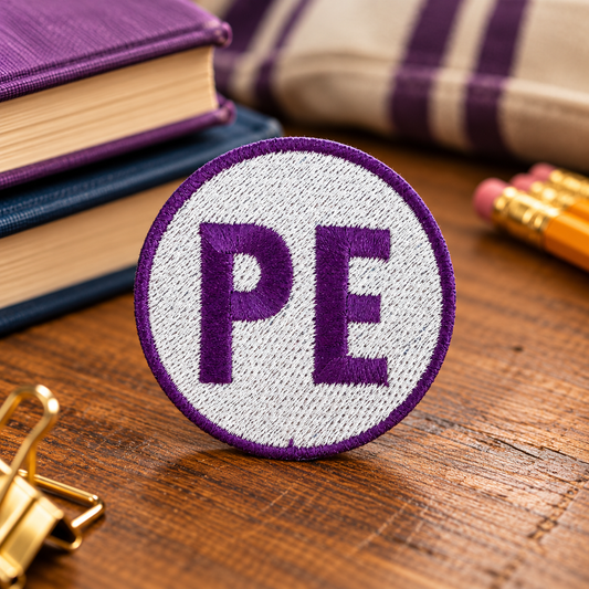Purple and white Prairie Elementary PE embroidered patch styled on a wooden desk with books and pencils