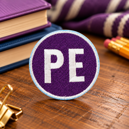 Purple Prairie Elementary PE embroidered patch with white lettering and pale blue-white border, styled with books and school supplies