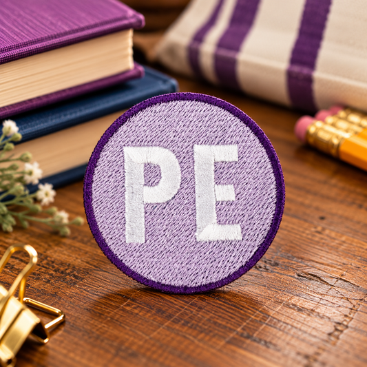 Prairie Elementary lavender PE embroidered patch with purple border, styled beside school supplies