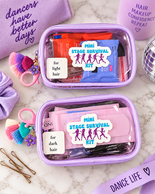 Mini Stage Survival Kit in light hair and dark hair versions styled on a bright marble background