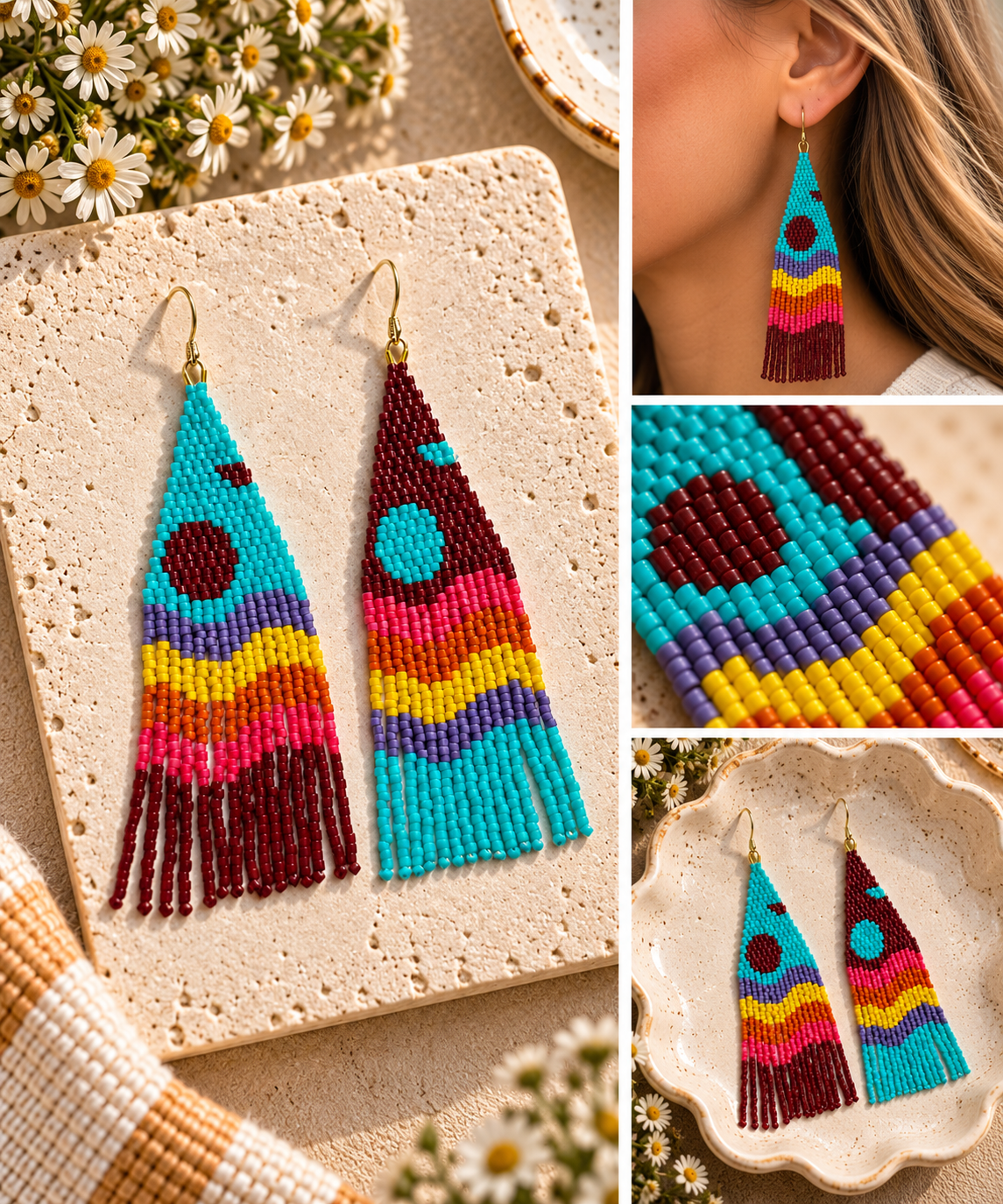 Mismatched turquoise and burgundy hand-beaded fringe statement earrings