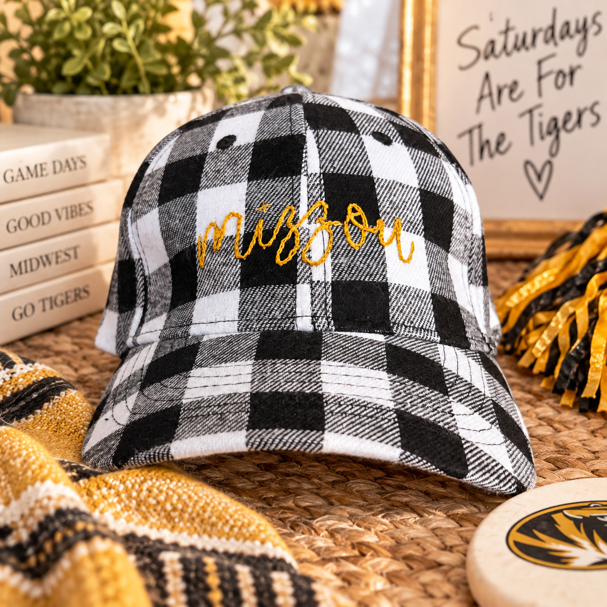 Mizzou plaid hand-embroidered hat styled product photo