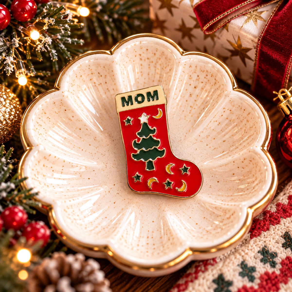 Mom Christmas stocking enamel pin festive hero image
