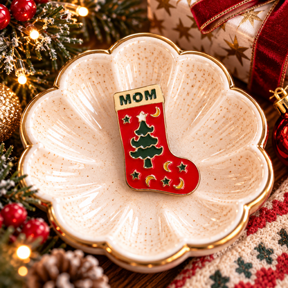 Mom Christmas stocking enamel pin festive hero image