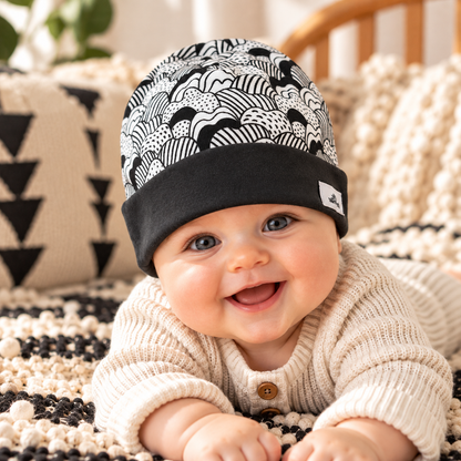 Smiling baby wearing monochrome waves organic cotton beanie with black cuff in a cozy nursery