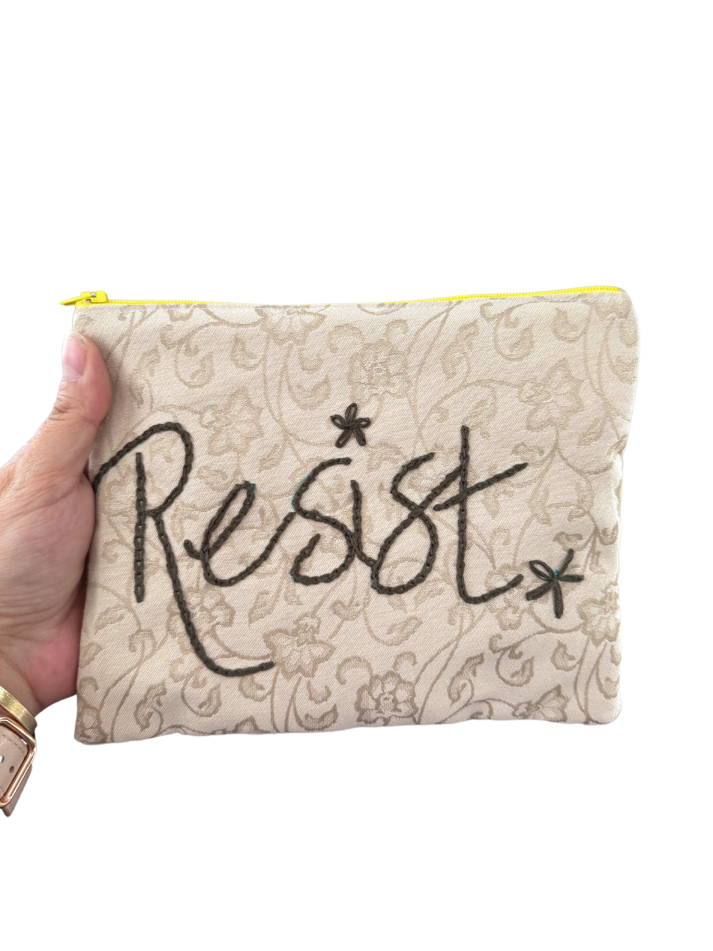 Hand Embroidered Floral Zipper Clutch – “Resist” Statement Bag – One of a Kind – Made in Kansas City