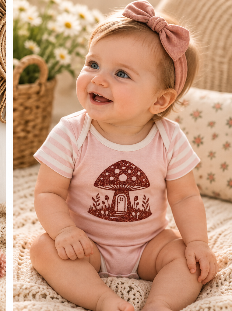 Pink mushroom baby onesie lifestyle photo