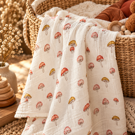 Mushroom baby swaddle styled in a warm boho nursery