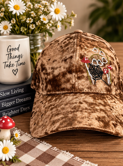 Brown velvet hand-embroidered mushroom hat styled product photo