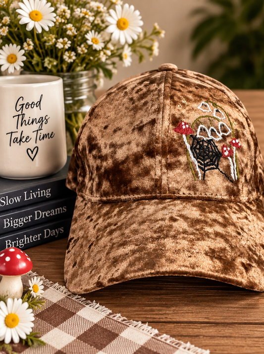 Brown velvet hand-embroidered mushroom hat styled product photo