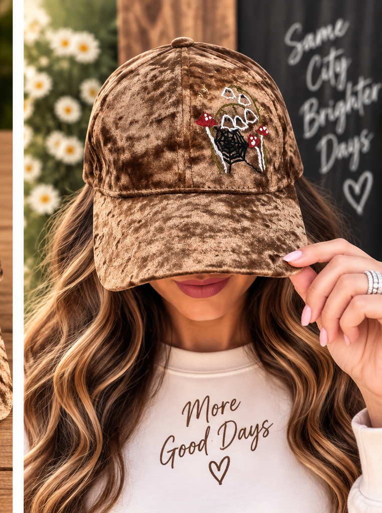 Model wearing brown velvet hand-embroidered mushroom hat