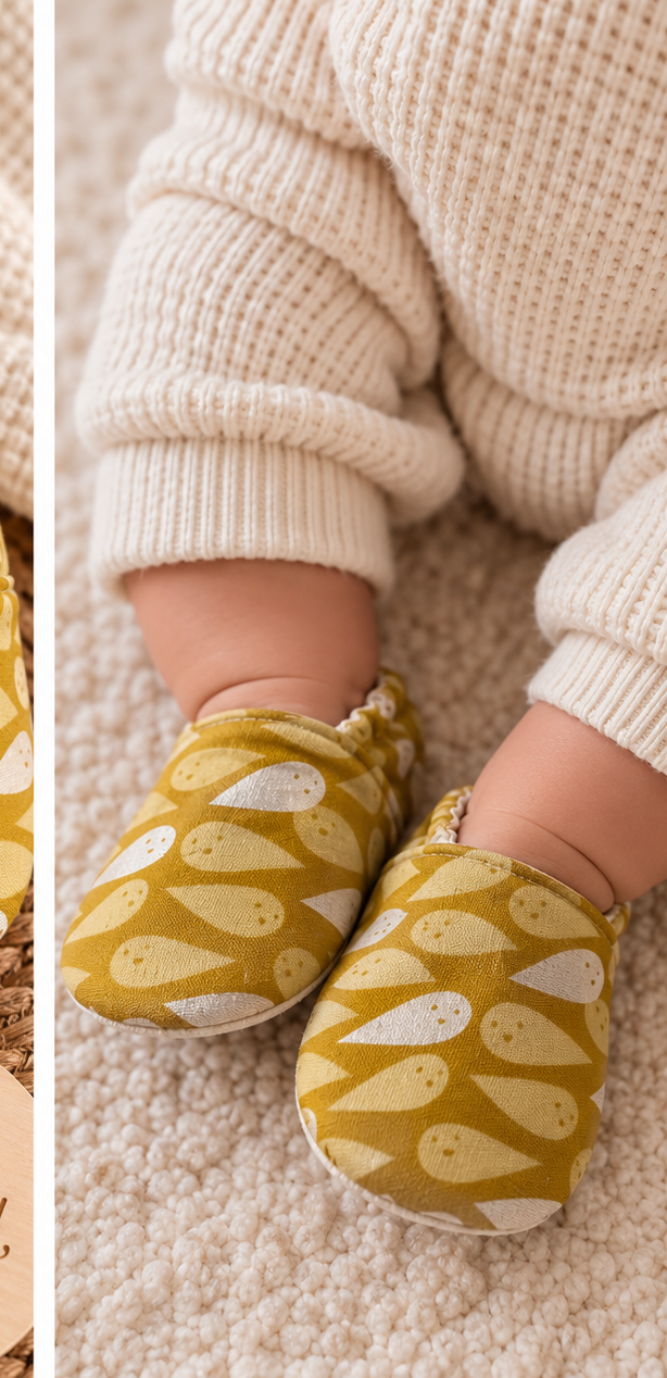 Baby wearing mustard ghost print handmade soft sole shoes