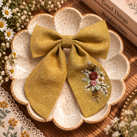 Hand-embroidered mustard linen bow clip with floral stitching