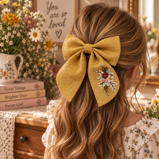 Hand-embroidered mustard linen bow clip worn in girl's hair