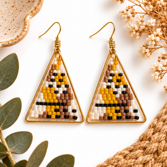 Mustard and neutral triangle hand-beaded earrings styled hero photo