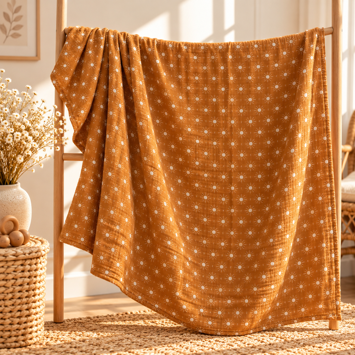 Mustard sunburst cotton gauze baby swaddle full size and drape
