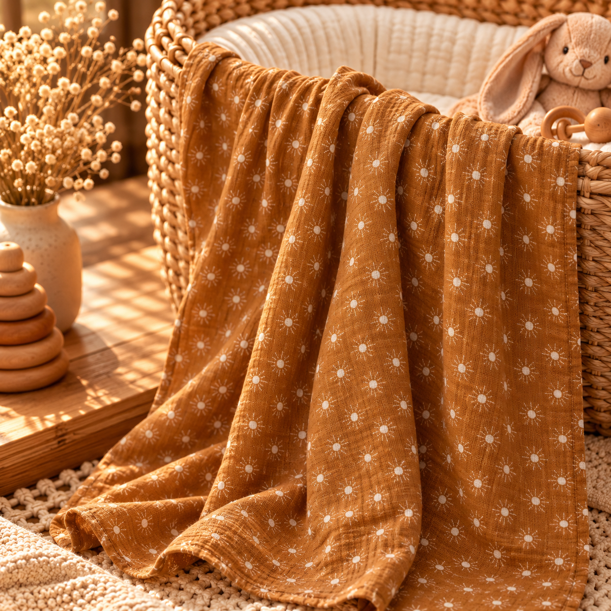 Mustard sunburst cotton gauze baby swaddle styled in a warm nursery