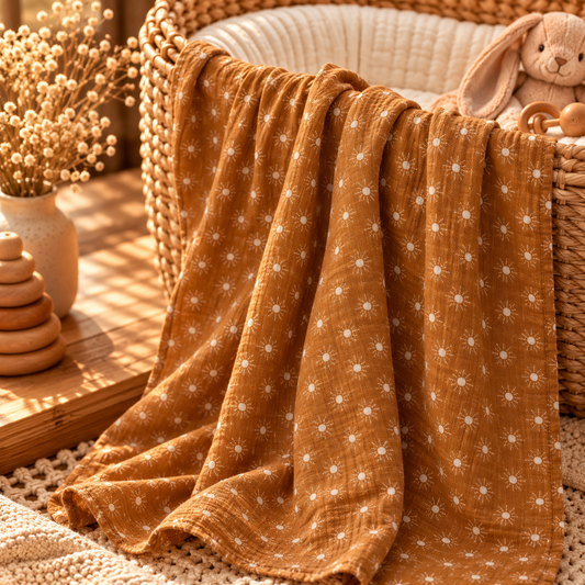 Mustard sunburst cotton gauze baby swaddle styled in a warm nursery