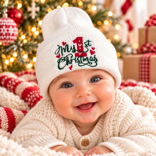Baby wearing a white “My 1st Christmas” embroidered beanie in a cozy holiday setting.