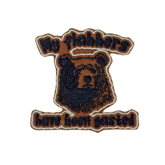 Front view of My Flabbers Have Been Gasted bear embroidered iron-on patch
