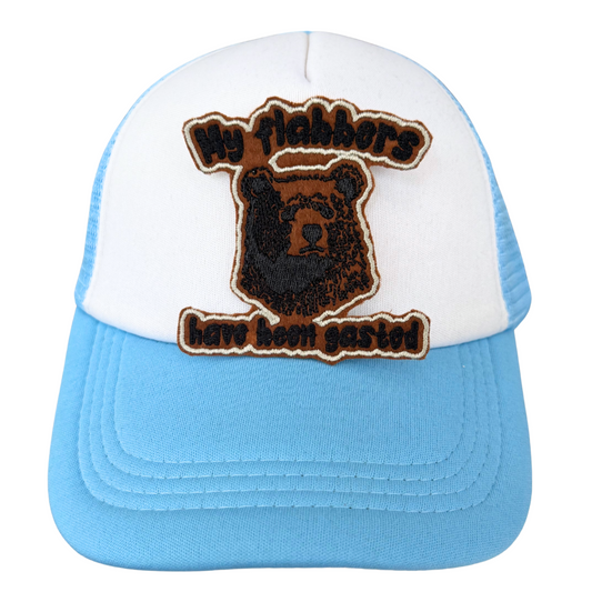 My Flabbers Have Been Gasted patch on blue and white trucker hat
