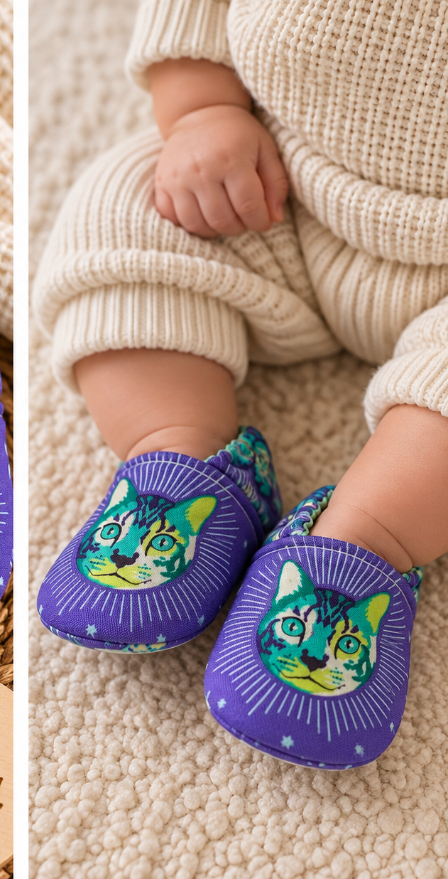 Baby wearing purple mystical cat handmade soft sole shoes