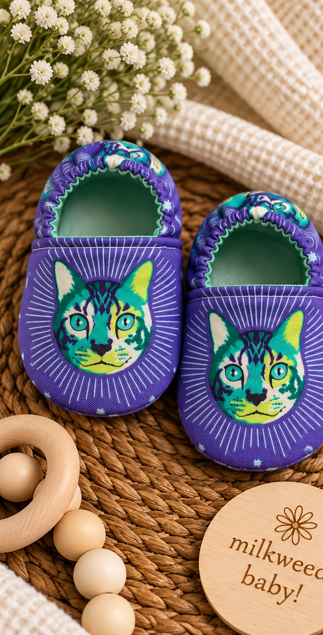 Handmade purple cotton mystical cat baby shoes, size 3-6 months