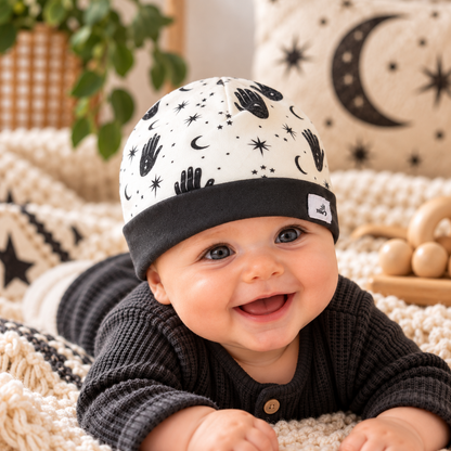 Baby wearing black and white mystical hands and stars organic cotton beanie with folded black cuff