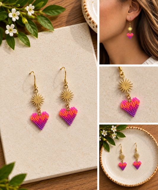 Hand-beaded neon pink orange and purple heart earrings with gold sunburst charms