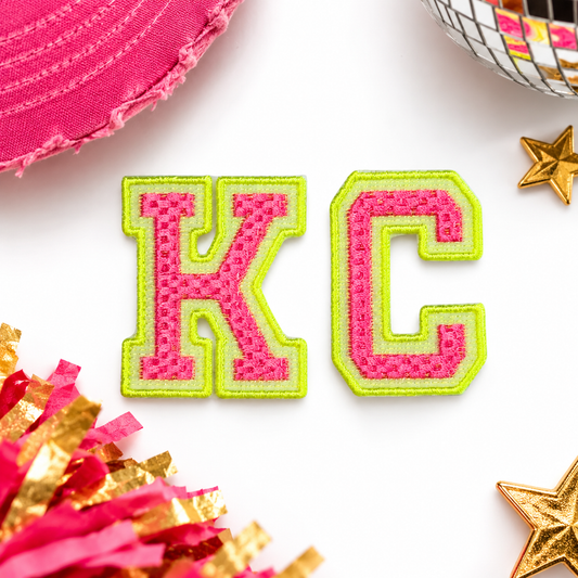 Neon KC Varsity iron-on patch styled hero