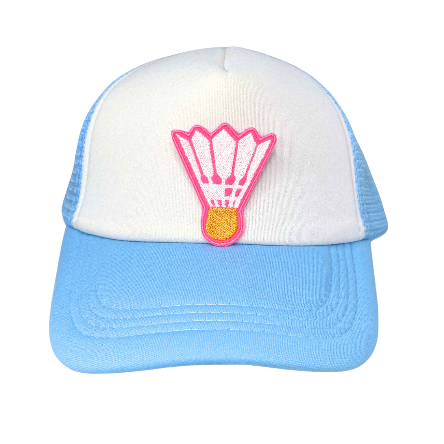 Trucker hat with neon pink shuttlecock patch on front, paired with white front and blue mesh

