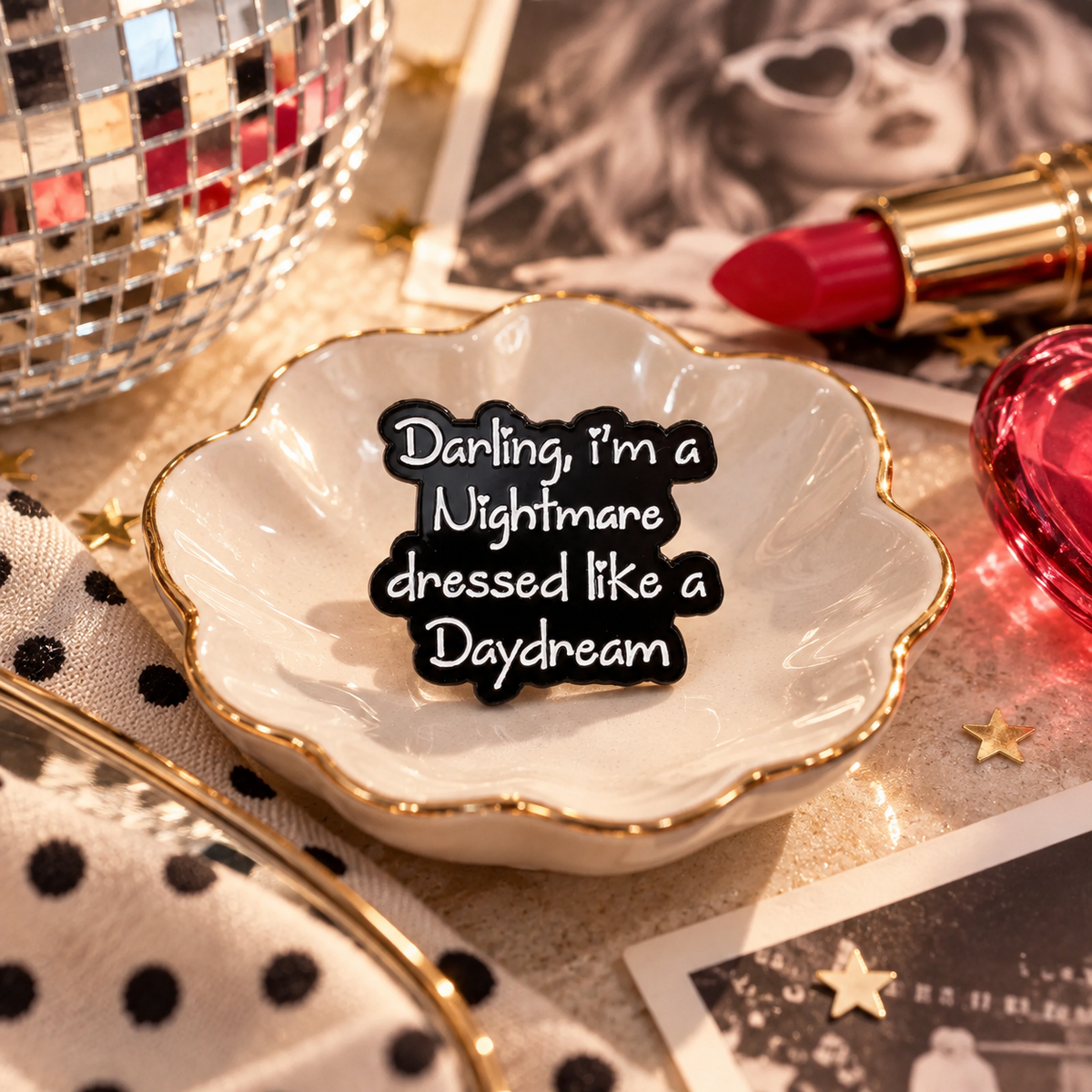 Nightmare Dressed Like a Daydream black and white enamel pin styled hero image