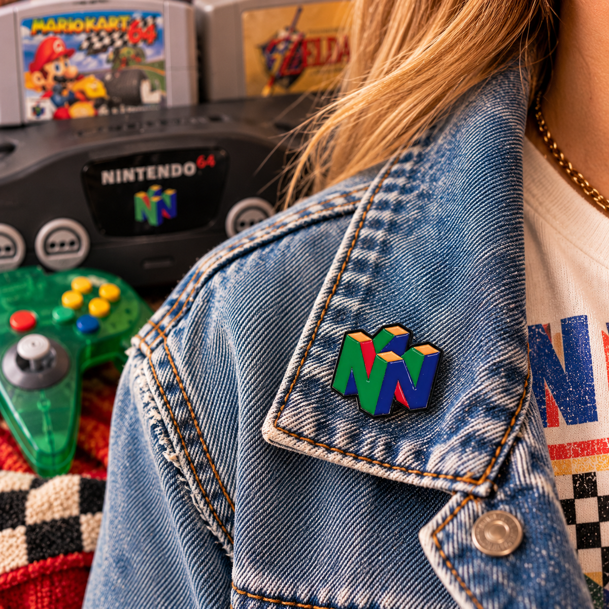 Nintendo 64 logo enamel pin on denim jacket retro gaming lifestyle image